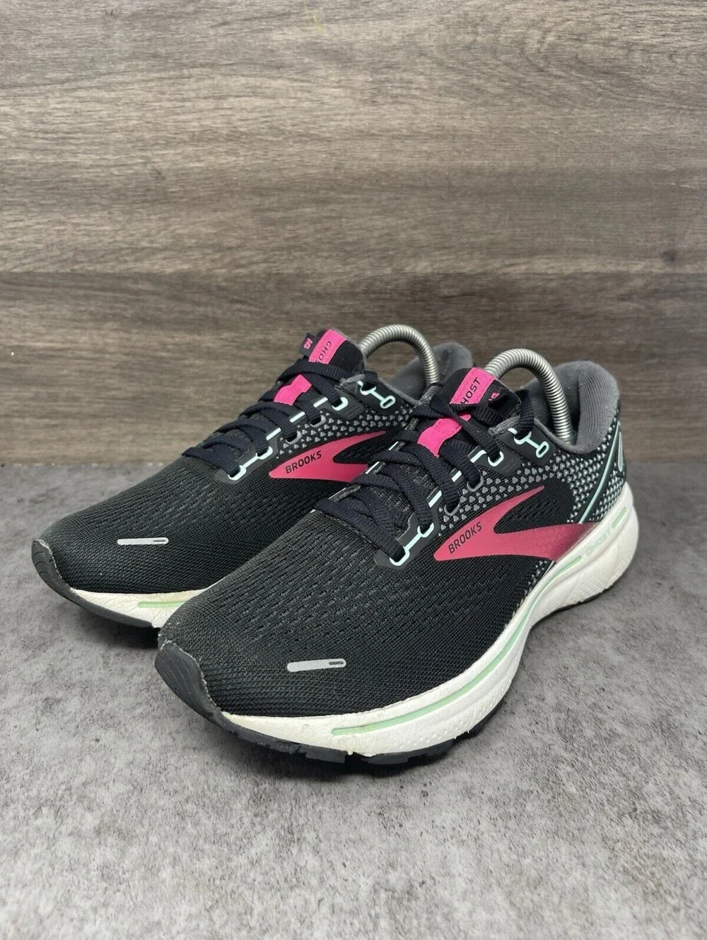 Brooks Ghost 14 Size 9.5 Womens Black Pink Mint DNA LOFT Road Running Shoes B